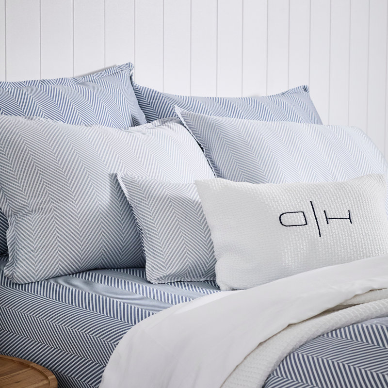 4-Piece Leze Linen Bedding Set, King, Blue/White Chevron