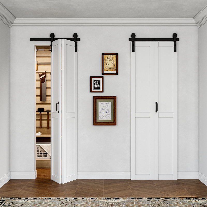  Panneaux sans assemblage, portes de grange pliantes en bois manufacturé blanc massif avec ensemble de quincaillerie, 2