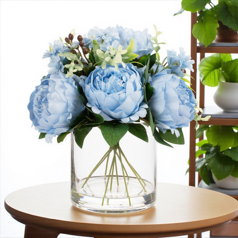 Mixed Artificial Peony Flower Arrangement In Glass Vase With Faux Water (blue), Blue