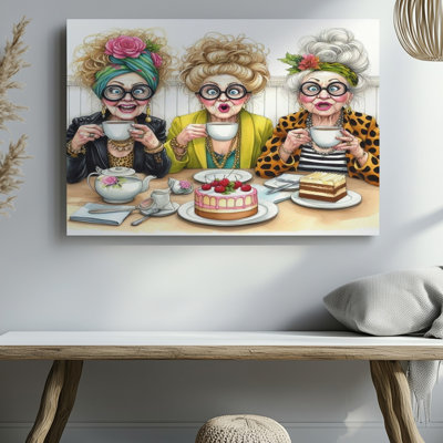 Drôle de trois femmes âgées buvant du thé avec un gâteau, impression murale sur toile pour le salon, la chambre à coucher, le bureau, le couloir, le vestibule, le mur de la galerie et la décoration intérieure moderne