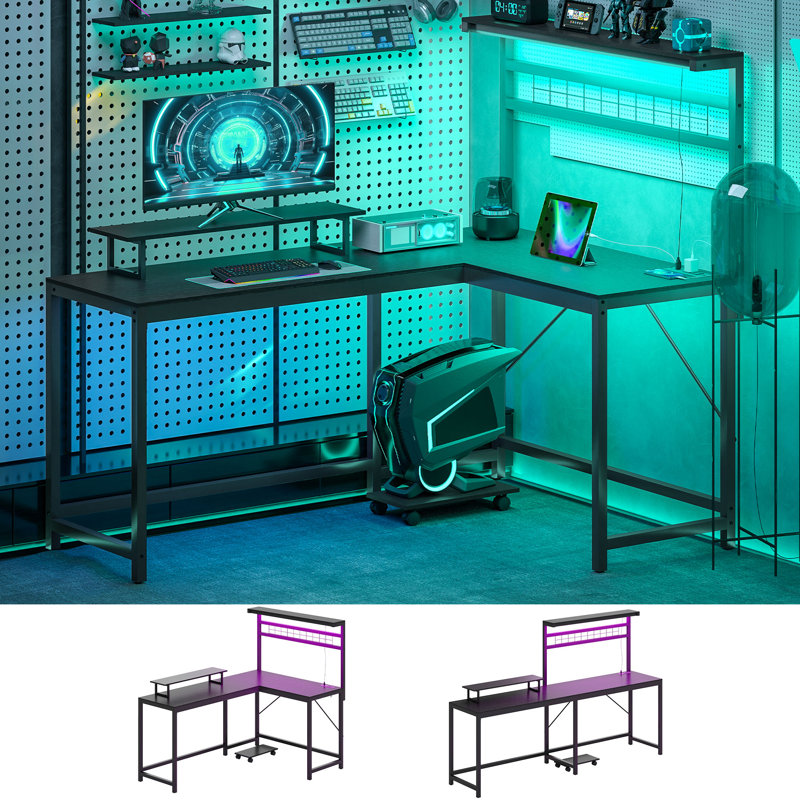 Gaming Desk, 62" L Shaped Desk with Power Outlets & LED Lights, 86" 2 Person Computer Table with Shelf & Rolling CPU Stand, Reversible Corner Office Table with Hutch, Black