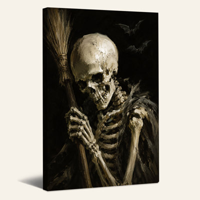 Full Body Skeleton Holding Broom With Bats In Halloween Canvas Wall Art