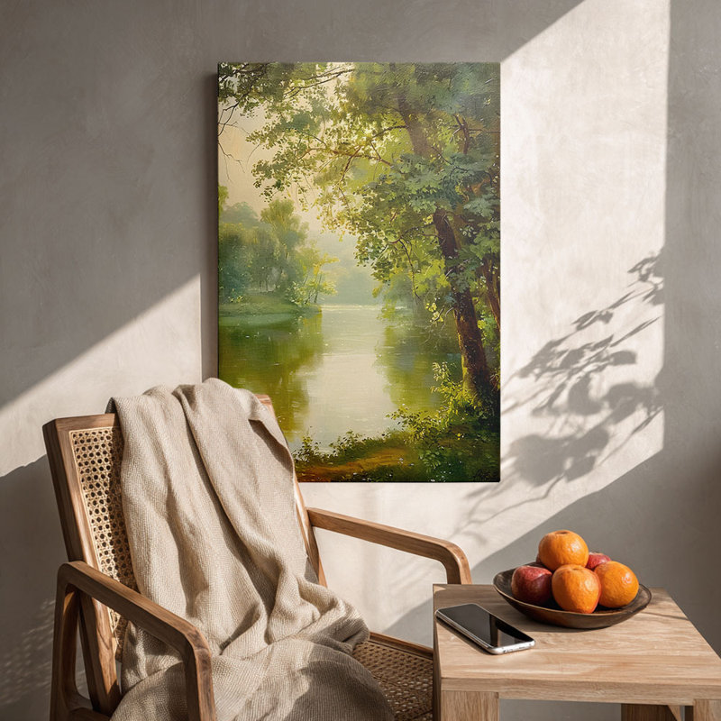 «Tranquil« Sunlit River Forest », art mural tendu sur toile pour studio Cozy Studio, 36 * 24 pouces (90 * 60 * 2cm)