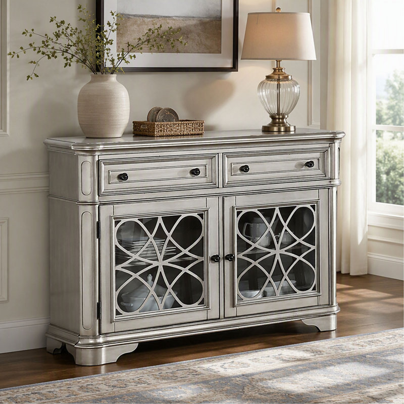 Buffet en bois au fini argenté avec tiroirs et rangements, meuble d'appoint de style traditionnel pour le rangement et la présentation dans la salle à manger