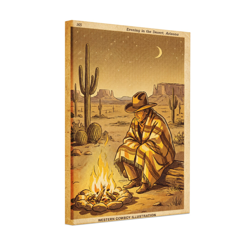 Cowboy de la mode dans le désert, soirée, feu de camp, cactus, paysage au clair de lune