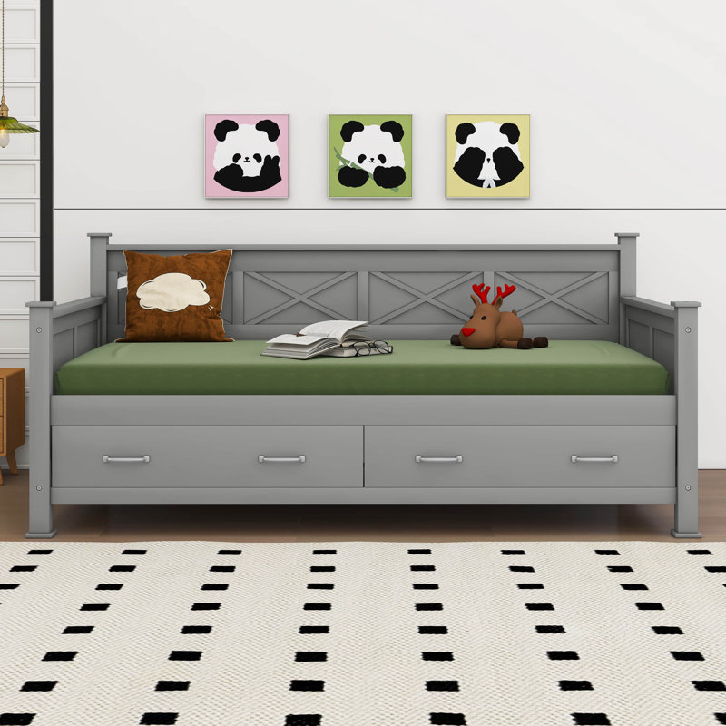 Lit de jour simple avec 2 grands tiroirs, structure en forme de X, Gris