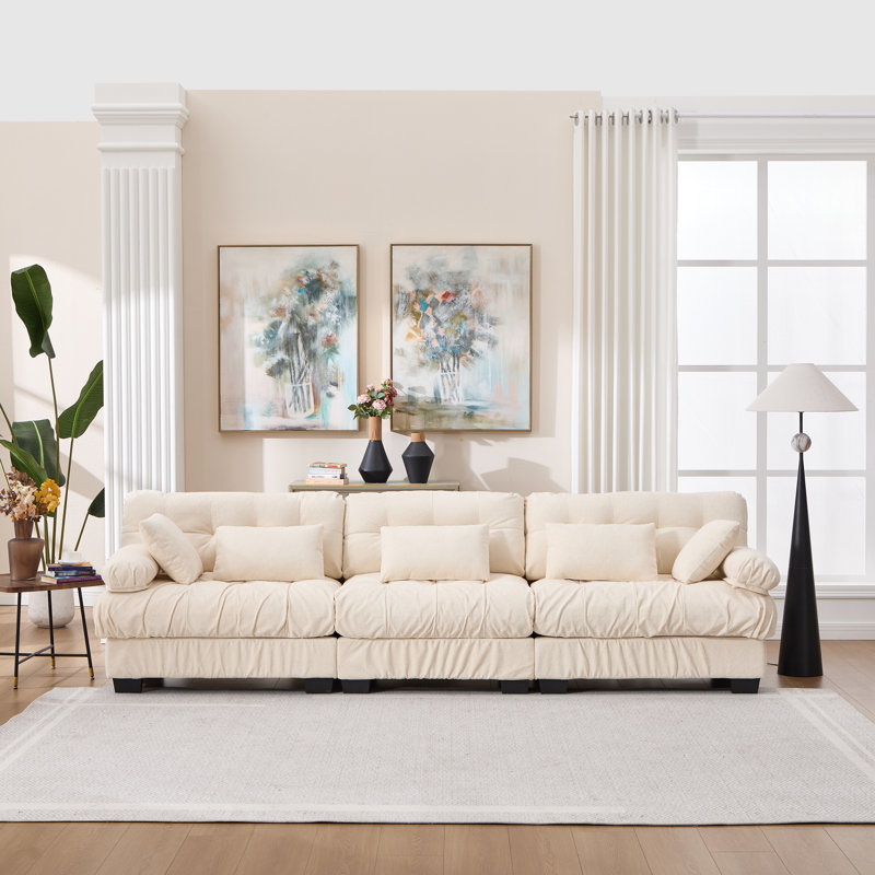 Canapé d'angle modulaire infonuagique, moderne et profond, pour le salon ; flanelle confortable et de première qualité pour la chambre ; dimensions généreuses (123 x 35 x 35 pouces) ; 5 coussins décoratifs inclus ; ensemble de 3 pièces en bois massif beige en forme de L ; modulable.