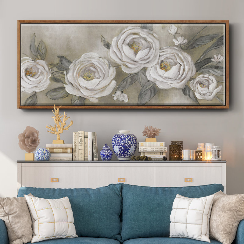Cottage Roses- Framed Canvas, 8" H x 20" W