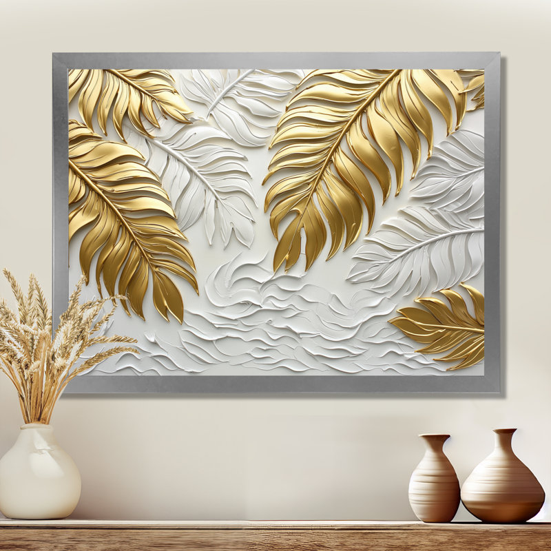 «Clota Golden Cream Plams Reunion II» - art mural palmiers et palmiers, H 34 po x l 44 po, Argent argent