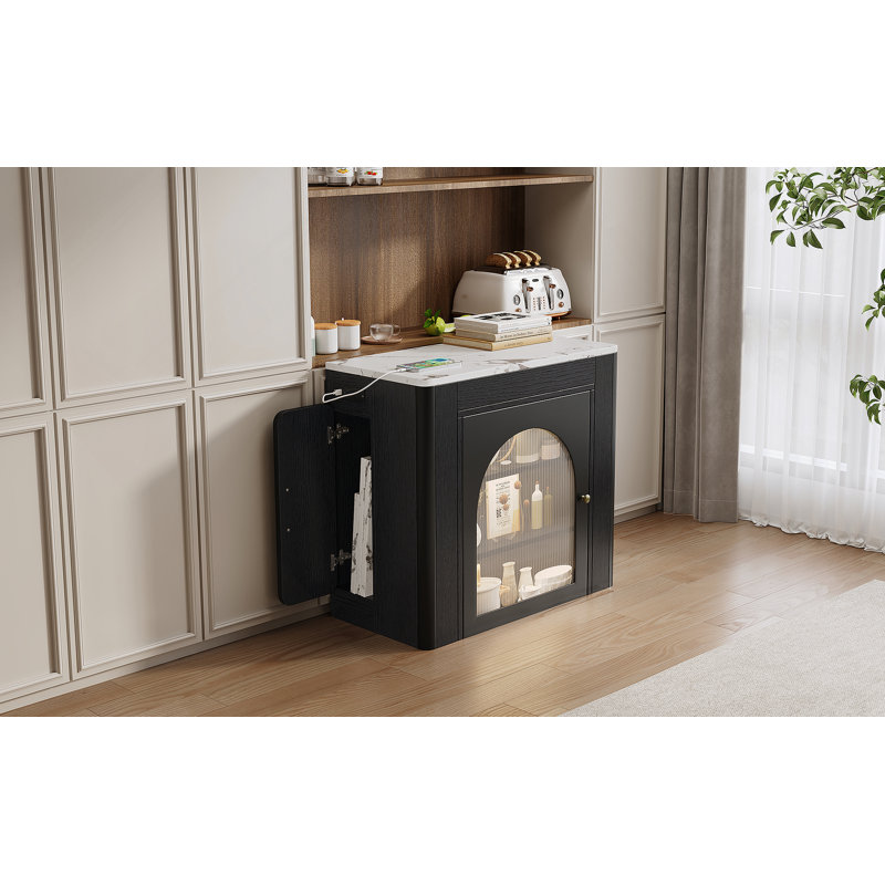 Table de salle à manger extensible avec 3 rallonges amovibles, table mobile pour îlot roulant avec prise de courant, armoire avec rangement pour la salle à manger et le salon (NOIR ET BLANC MARBRE)