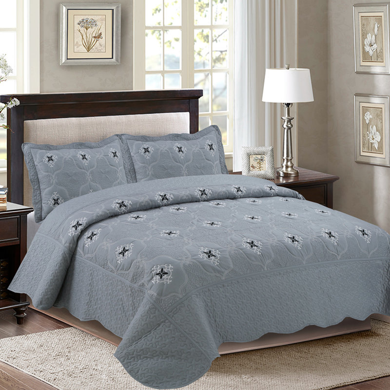 Ensemble de courtepointe réversible en microfibre 3 pièces p-emma, Courtepointe très grand californien + 2 taies, Gris