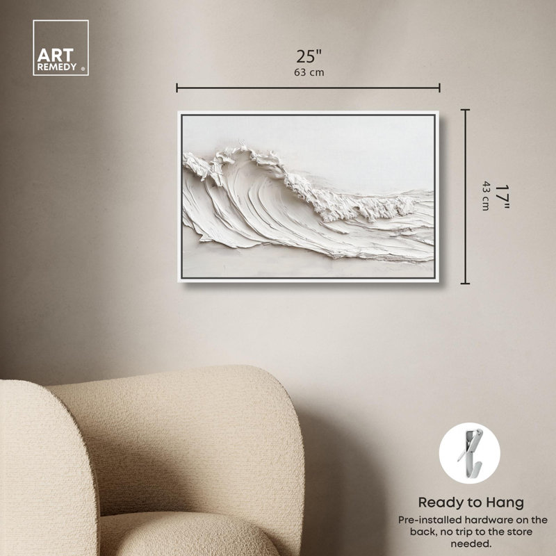 Vague sur toile blanche par Art Remedy, H 17 po x l 25 po, Blanc, Cadre flottant