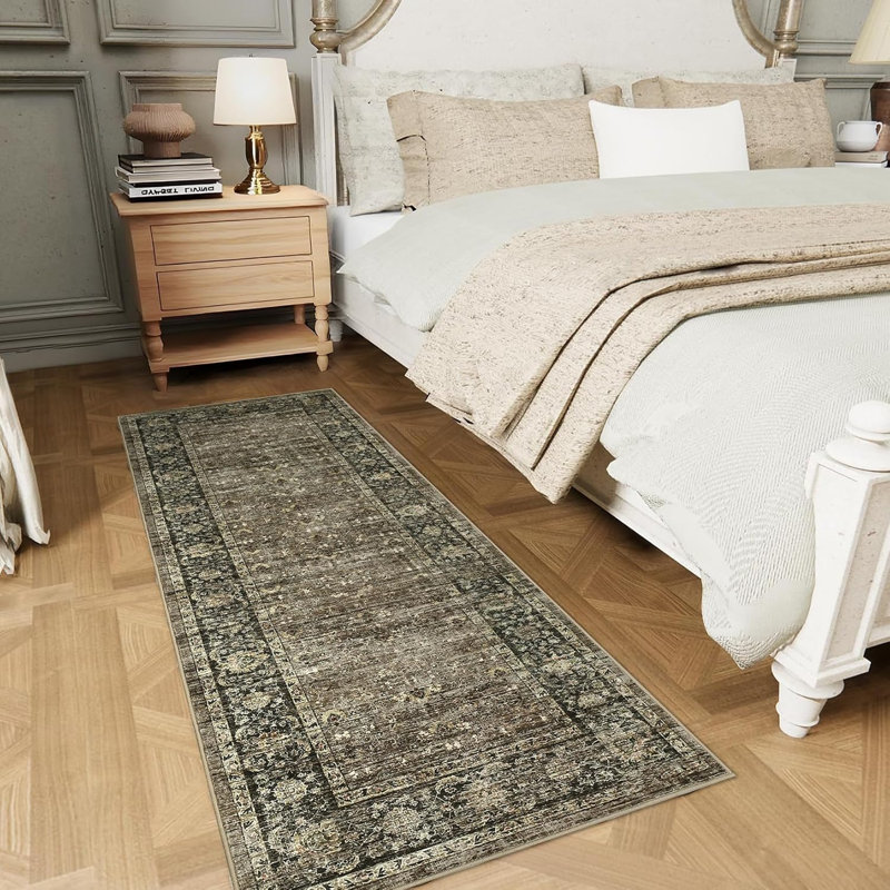 2x6 Floral Kitchen Rug – Washable, Non-Slip, Low Pile, Distressed Print Runner for Hallway, Bathroom, Laundry (Beige)
