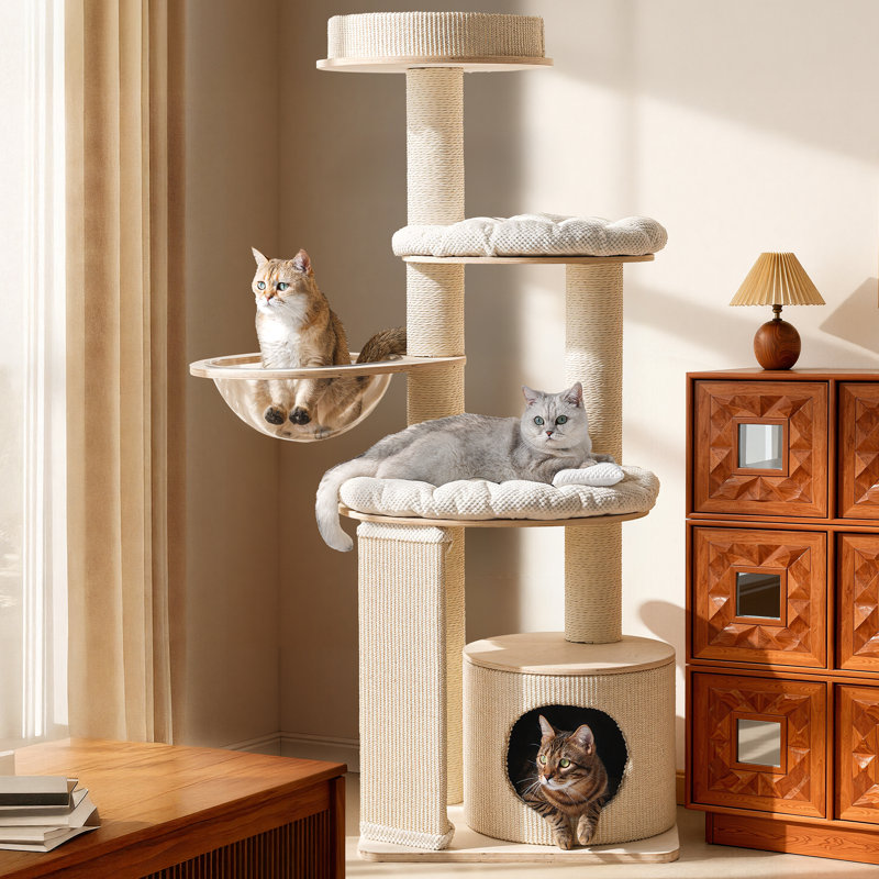 Heavy-Duty Solid Wood Cat Tree for Large Cats, 58"H, Cream