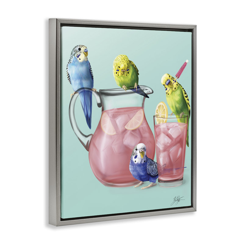 "Budgies & Pink Lemonade", art mural par Mehu Art, Cadre flottant gris lustré, H 21 po x l 17 po