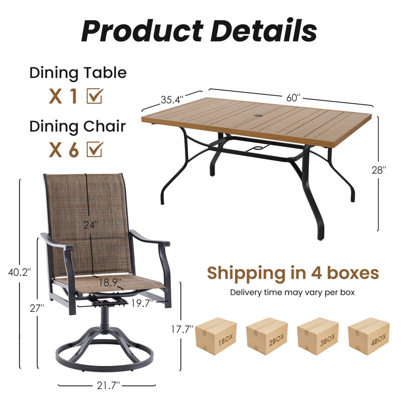 6 Person Outdoor Metal Table Swivel Dining Chair Set, Brown