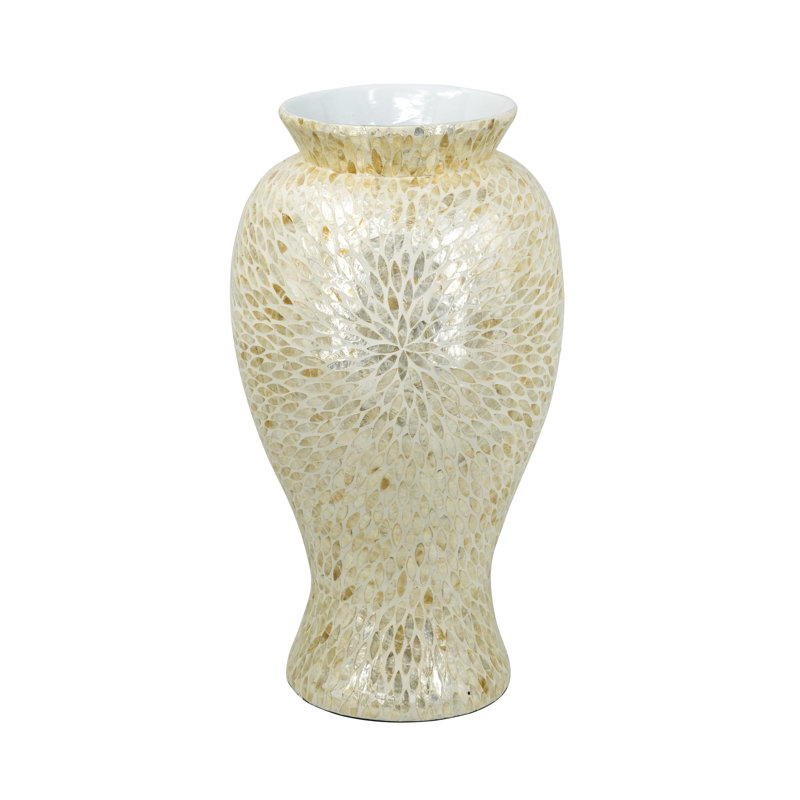 Large Round Bamboo Vase With Gold And White Capiz Shell Design, 24" H x 13.4" W x 13.4" D
