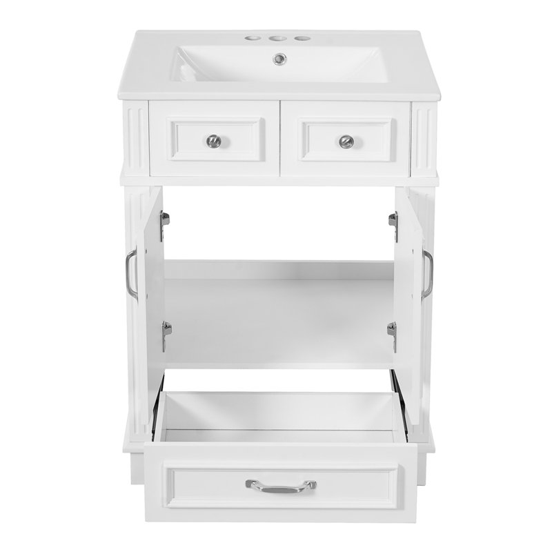 Meuble-lavabo de 24 po avec lavabo en céramique, armoire de rangement en bois massif avec portes à fermeture douce, style rétro, blanc