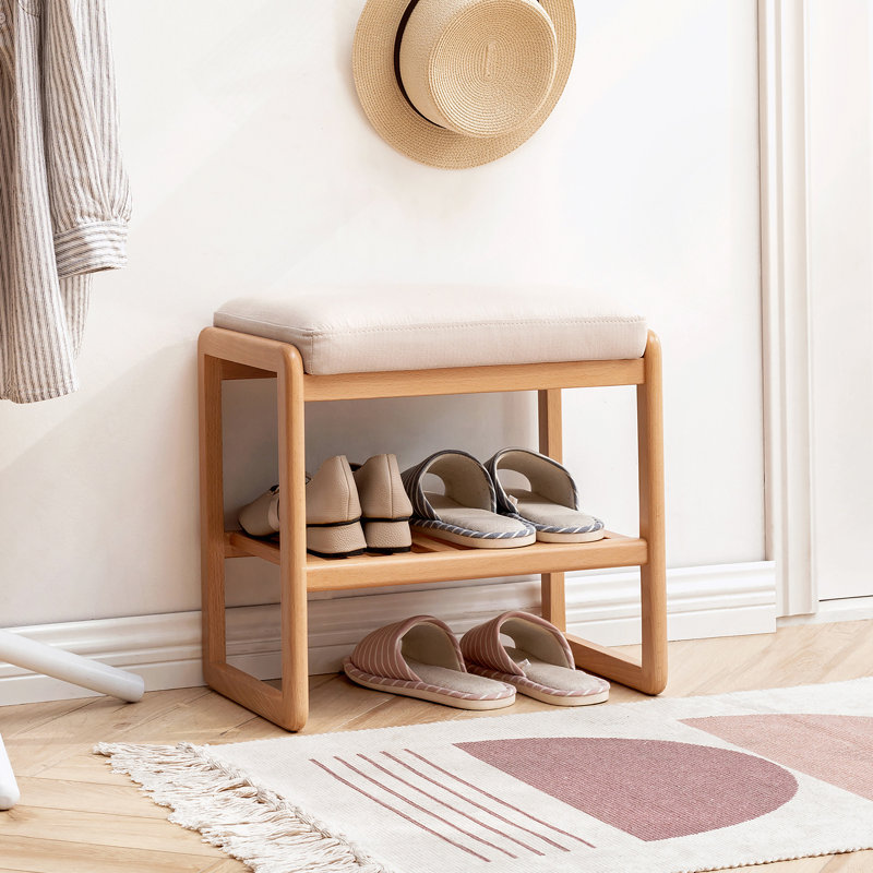 Banc à chaussures en bois massif, étagère de rangement en bois de hêtre avec coussin, Naturel