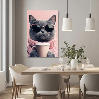 1Pc Framed Canvas Poster Print Cat wearing sunglasses, coffee cup, realistic cartoon style Wall Art Wall Pediments, Wall Decor, Perfect for Room Decor Living Room Bedroom Office Kitchen Bathroom Home Decor, Rustic & Modern Ideal Home Wall Decoration