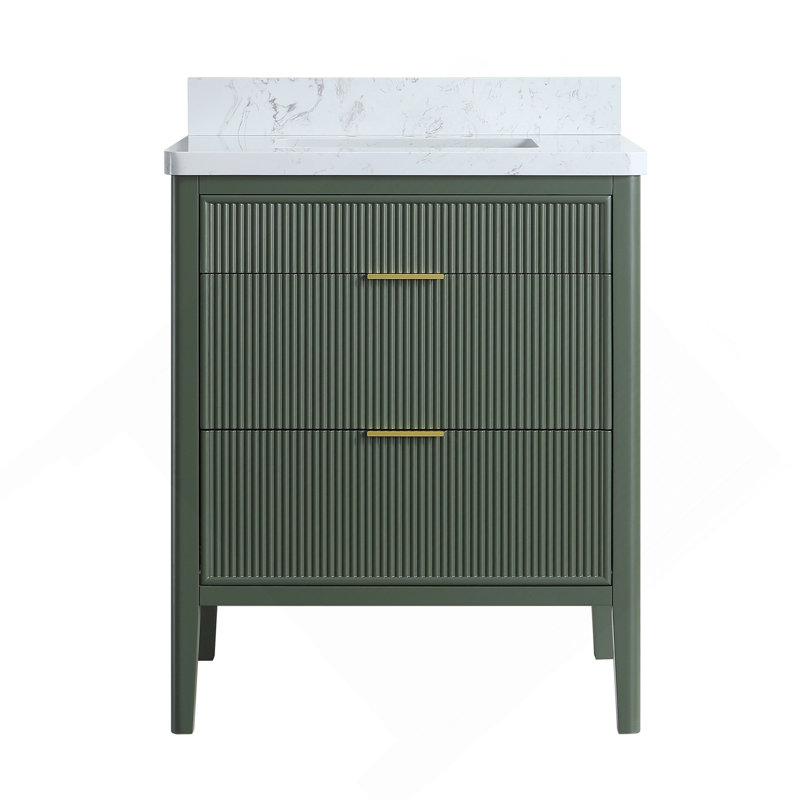 Meuble-lavabo autoportant vert entièrement assemblé de 30 po avec construction en bois massif et plateau en marbre d'ingénierie