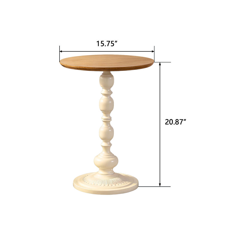 15.7" Vintage Pedestal Natural Round End Table Metal Base For Living Room&Bedroom, Natural/Cream