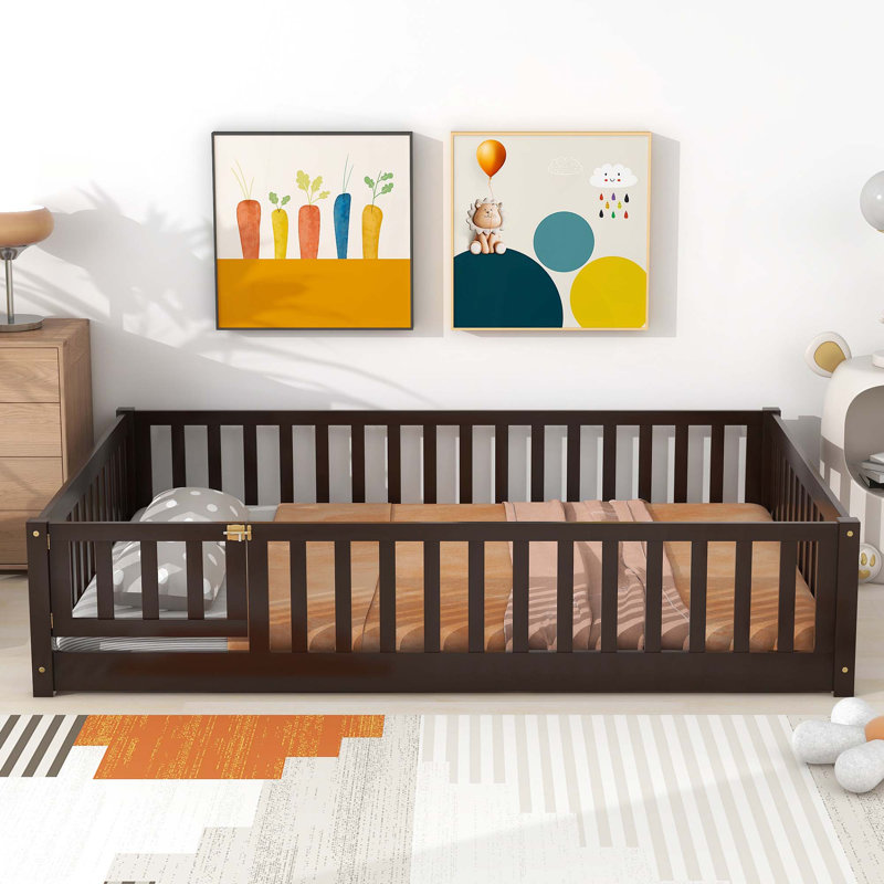 Lit plateforme au plancher avec clôture et porte, Lit double, Espresso