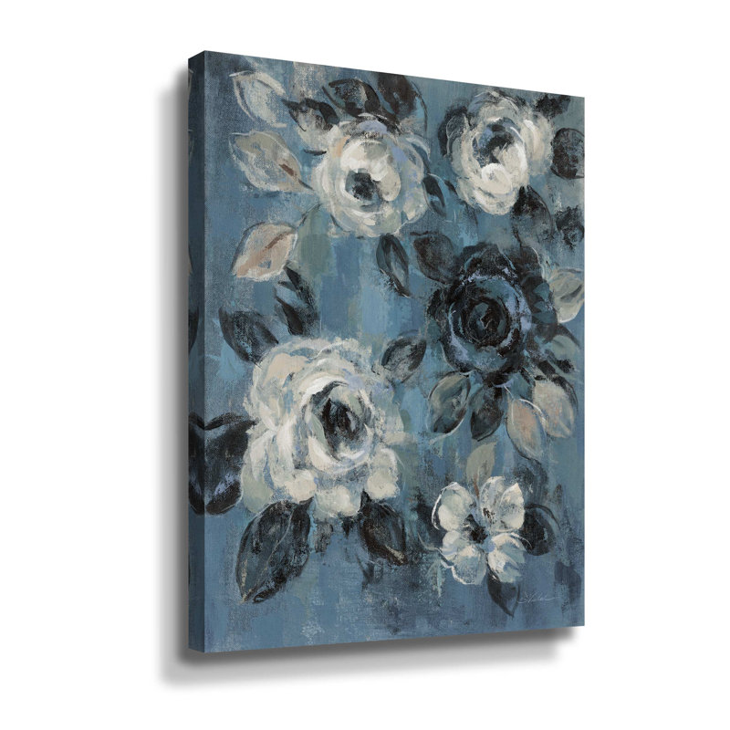 Loose Flowers On Dusty Blue II - peinture sur toile, Toile tendue, H 18 po x l 14 po x P 2 po
