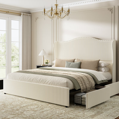 Upholstered Wingback Bed with 4 Storage Drawers & 54" Tall Headboard, No Box Spring Needed, Easy Assembly