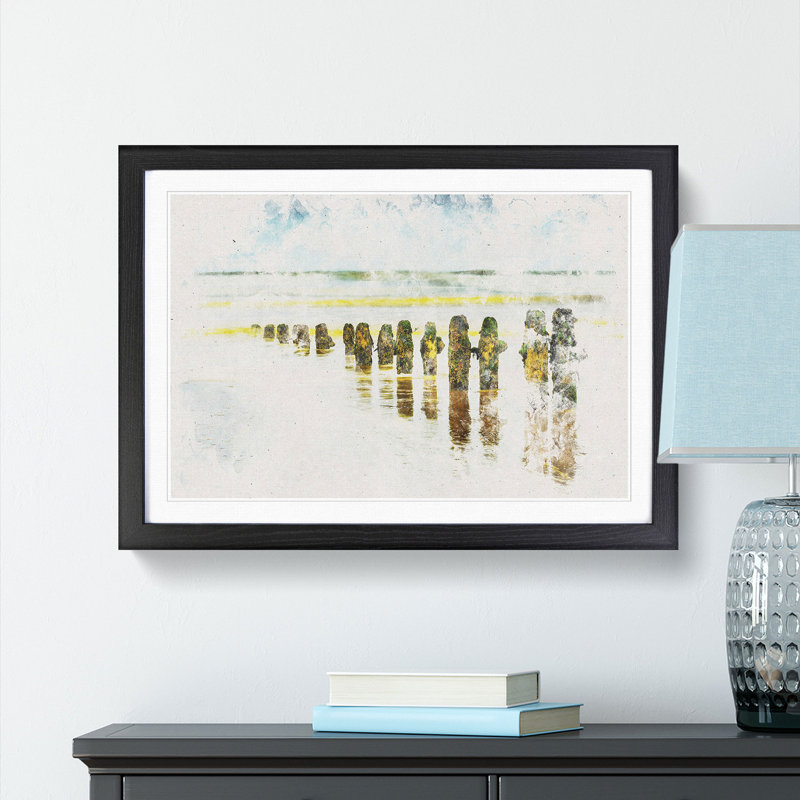 Groynes on Whitby Beach - Picture Frame Painting Print, Black Framed, 62cm H x 87cm W x 2cm D