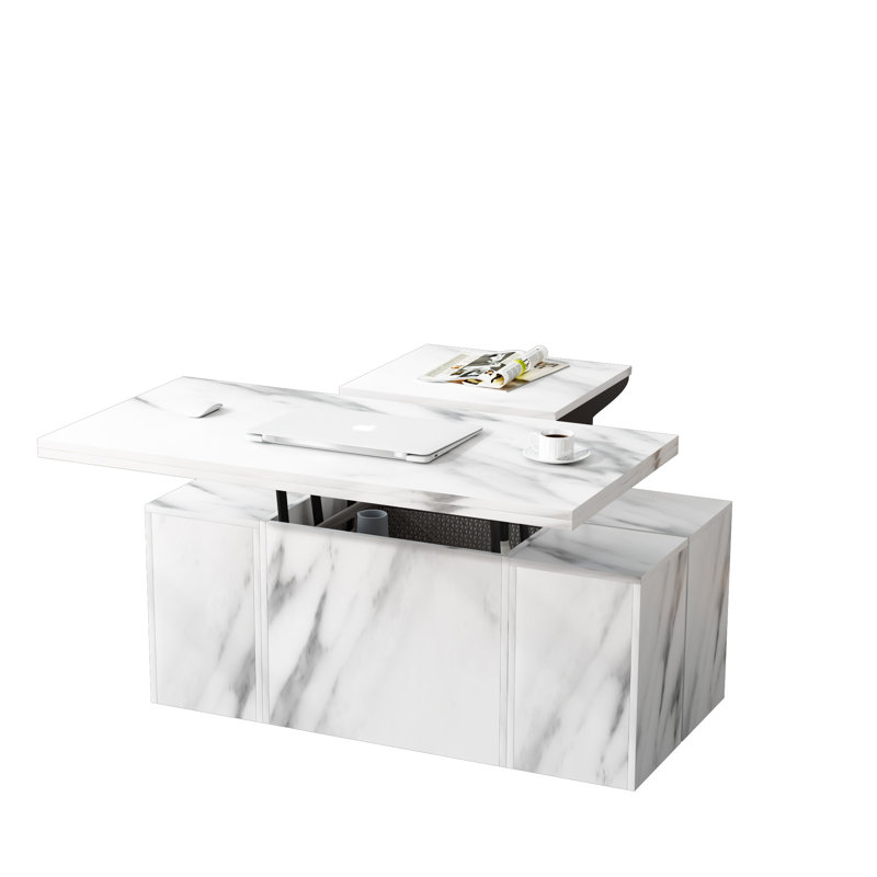 Hambling Lift Top Coffee Table,3 in 1 Multi-Function Coffee Table with 4 Storage Bench, White, Marble