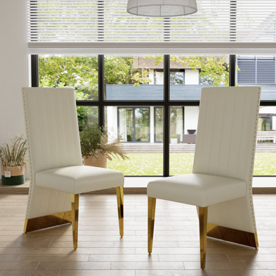 Ensemble de 2 chaises de salle à manger en cuir blanc avec pieds dorés