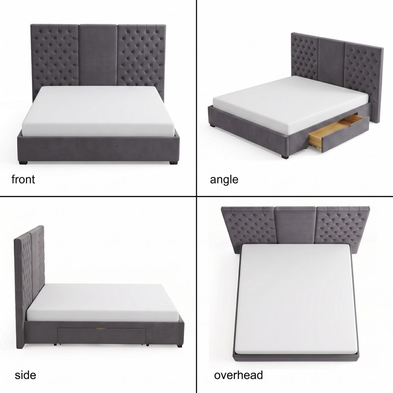 Contemporary Glam Extra-Tall Tufted Upholstered Velvet Platform Bed with Storage Drawers, King, Gray , King, Gray