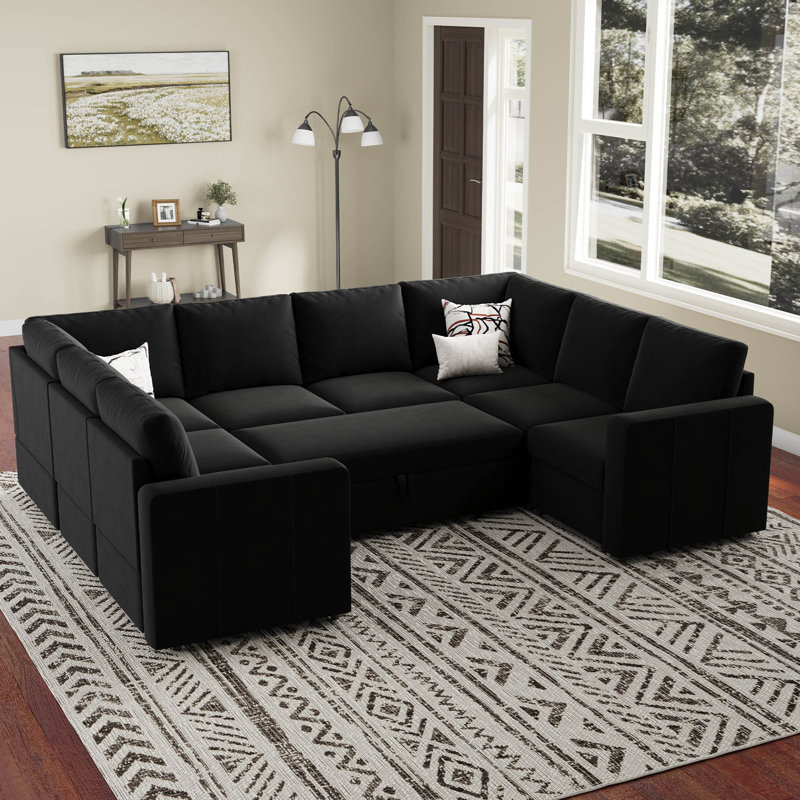 Seybert Large U Shaped Modular Sectional Sofa Pull Out Sofa Bed Sleeper Convertible Corner Sofa, Black Velvet