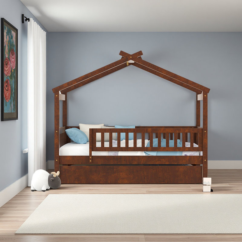 Lit en bois avec lit gigogne simple, Lit simple, Noyer