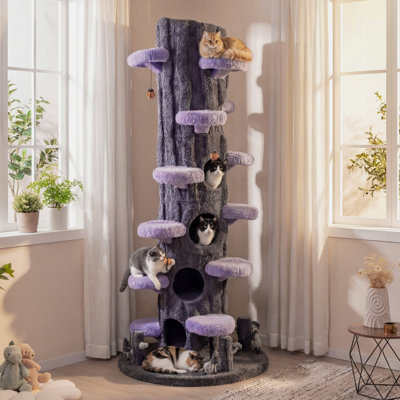 Arbre à chat multifonctionnel autoportant de 230 cm avec niches privées, violet