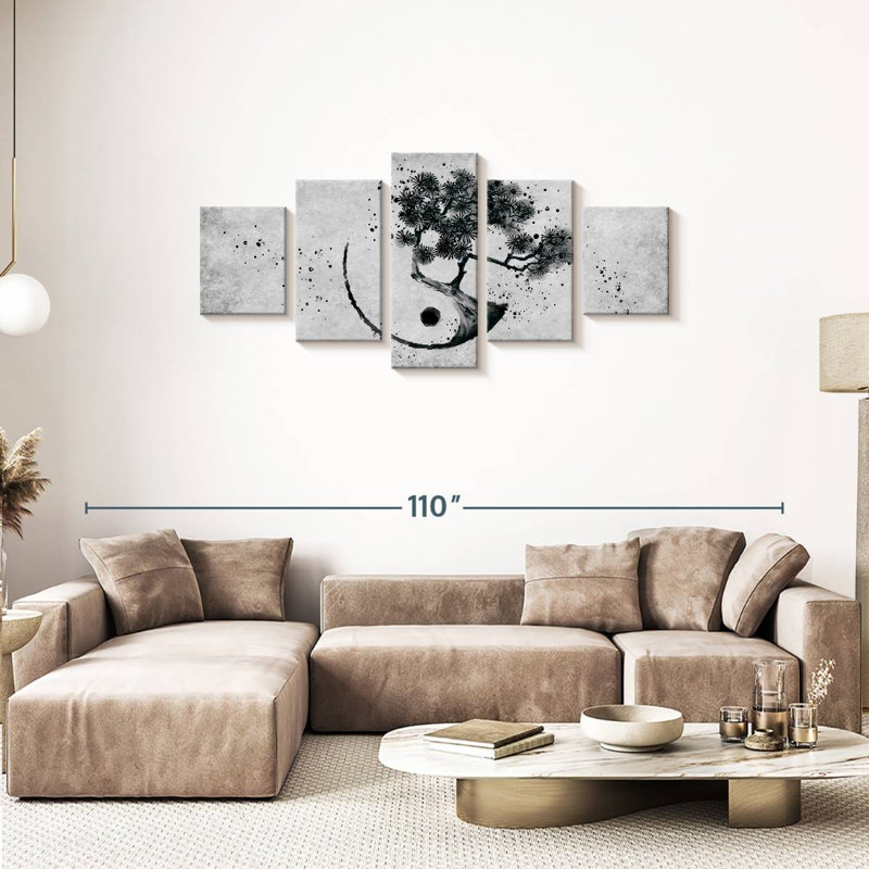 Ensemble de 5 pièces Bonsai Yin Yang sur toile, H 34 po x l 74 po x P 1,25 po