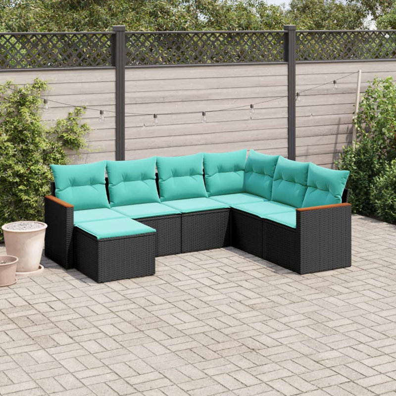  Ensemble de canapé de patio 7 pièces avec coussins en rotin de polyester noir