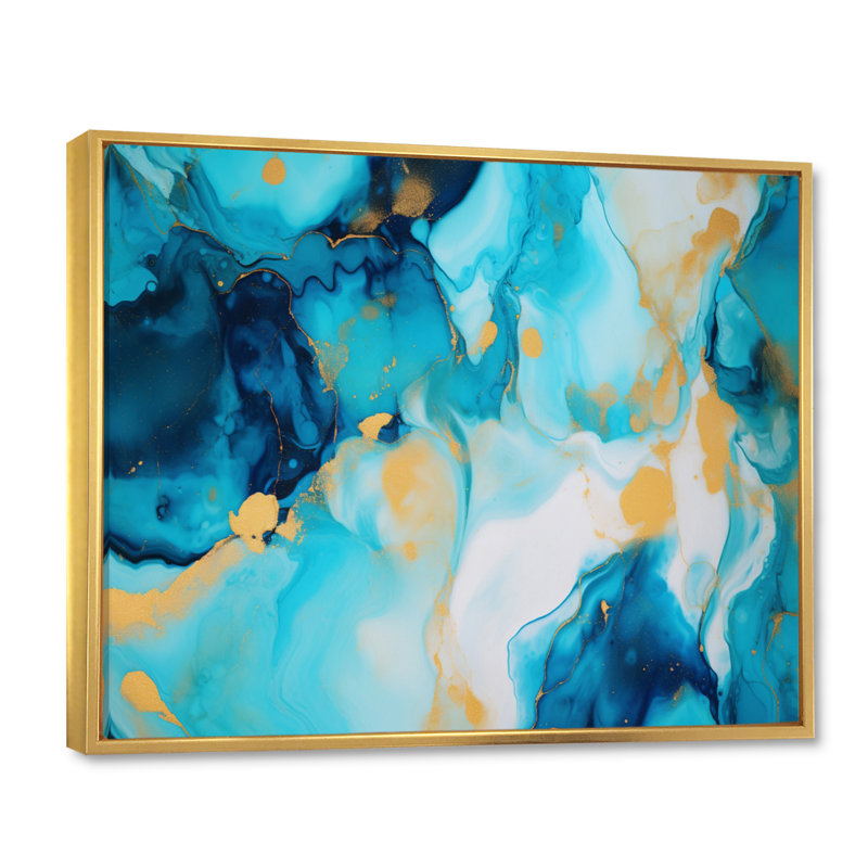 Turquoise luxueux, art fluide abstrait sur toile, Cadre flottant doré, H 12 po x l 20 po x P 1 po