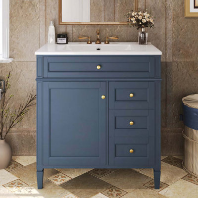 Meuble-lavabo de salle de bain avec lavabo en céramique, 2 tiroirs et un tiroir basculant