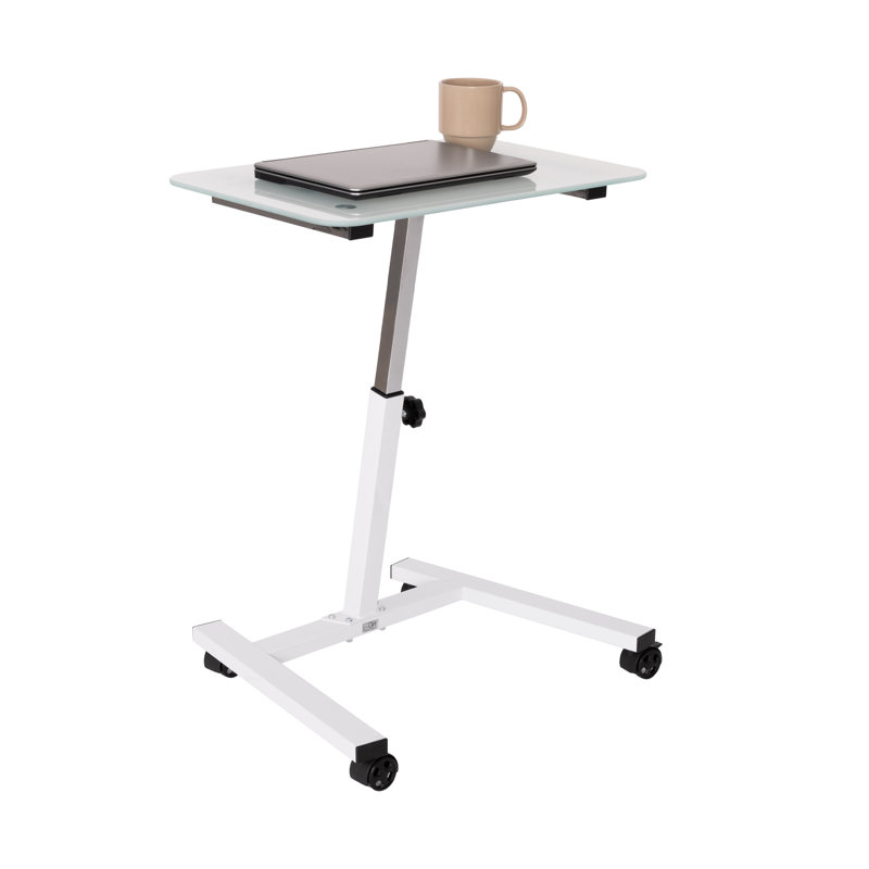 White Adjustable Height Glass Mobile Laptop Desk Cart