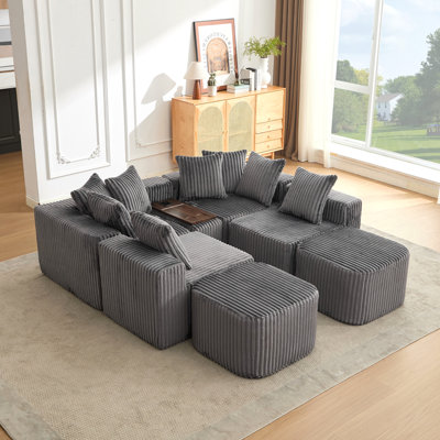 Canapé en U 137,5 po, charge USB et sans fil, table basse avec porte-gobelet, canapé mobile surdimensionné, repose-pieds mobile, 6 sièges, velours côtelé