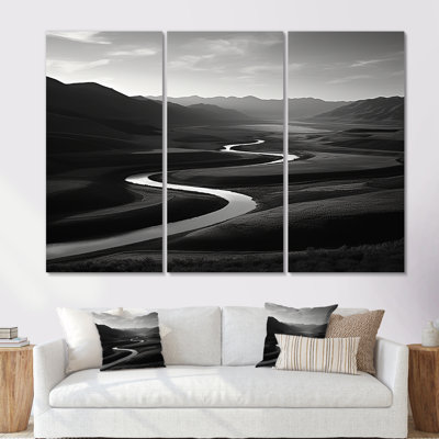 Black And White Mountain River - Landscape Mountains Wall Art Set