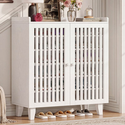 Range-chaussures à 6 niveaux avec portes à lattes et tablettes réglables, blanc