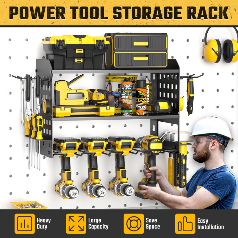 Heavy-Duty Metal Power Tool Organizer With Pegboard - Efficient Storage For Garage And Workshop