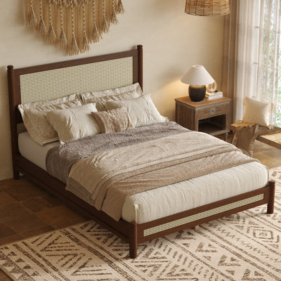 Full Bohemian Rattan Platform Bed Frame, Headboard & Footboard, Turned Legs, No Box Spring Required, Easy Assembly, Walnut