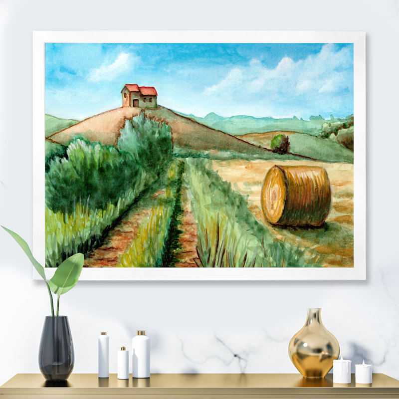 Paysage de récolte champêtre - Peinture sur toile, H 12 po x l 20 po, Cadre photo blanc