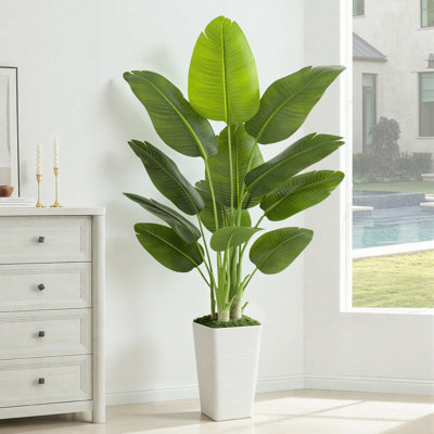 6FT Artificial Bird of Paradise Plant with White Wavy Square Planter, Faux Bird of Paradise Plant Floor Tropical Plant for Indoor Home Office Decor