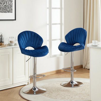 Ensemble de 2 tabourets de bar en tissu bleu marine à hauteur réglable avec dossier