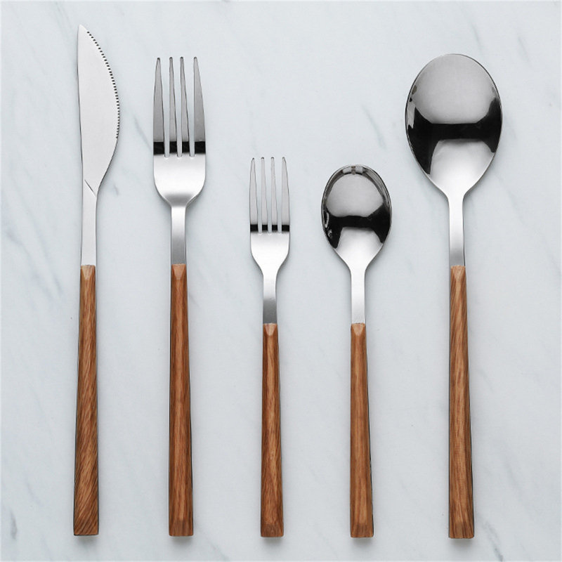 Ensemble de couverts 20 pièces en acier inoxydable avec poignée à grain de bois, fourchette, couteau, cuillère et fourchette à fruits 4 pièces